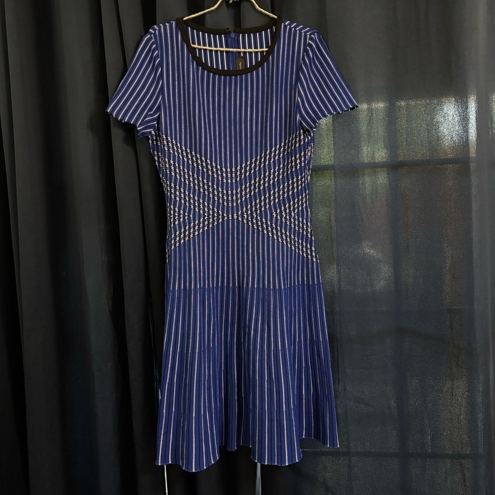 St John Atlantis royal blue black knit fit and flare knee length dress - Picture 2 of 8